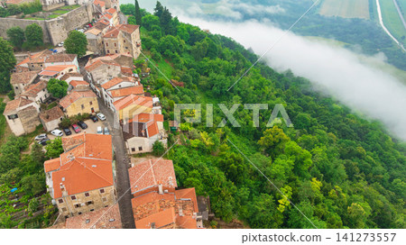 Motovun Medieval Hilltop Fortress Town Aerial View Istria Motovun Medieval Hilltop Fortress Town Aerial View Istria 141273557