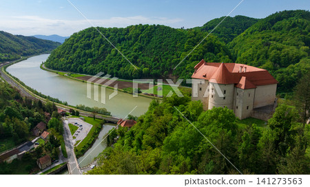 Rajhenburg Castle Aerial View Brestanica Hill Fort Slovenia Rajhenburg Castle Aerial View Brestanica Hill Fort Slovenia 141273563