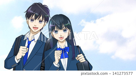 An anime-style illustration of a high school or junior high school boy and girl against a wide blue sky An anime-style illustration of a high school or junior high school boy and girl against a wide blue sky 141273577