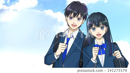 An anime-style illustration of a high school or junior high school boy and girl against a wide blue sky An anime-style illustration of a high school or junior high school boy and girl against a wide blue sky 141273579