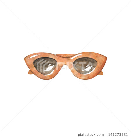 Watercolor illustration of women's sunglasses. A summer accessory for sun protection at the beach, on vacation, or on holiday. These stylish brown retro-style glasses are hand-drawn. For design 141273581
