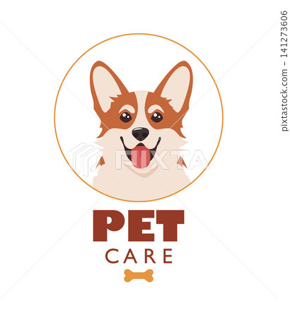 Cute corgi dog character portrait and Pet Care text. Joyful puppy, showcasing a big smile and bright, attentive eyes. Playful and friendly pet. Vector illustration Cute corgi dog character portrait and Pet Care text. Joyful puppy, showcasing a big smile and bright, attentive eyes. Playful and friendly pet. Vector illustration 141273606