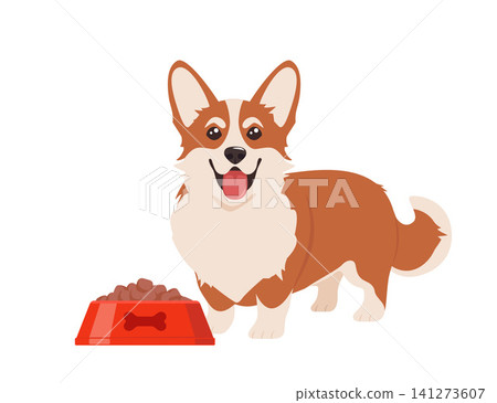Cute corgi dog character and bowl of food. Joyful puppy standing, showcasing a big smile and bright, attentive eyes. Playful and friendly pet of the popular Corgi canine animal breed. Vector Cute corgi dog character and bowl of food. Joyful puppy standing, showcasing a big smile and bright, attentive eyes. Playful and friendly pet of the popular Corgi canine animal breed. Vector 141273607