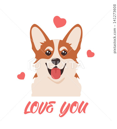 Cute corgi dog character portrait and Love You text. Joyful puppy, showcasing a big smile and bright, attentive eyes. Playful and friendly pet for card, banner, poster. Vector illustration Cute corgi dog character portrait and Love You text. Joyful puppy, showcasing a big smile and bright, attentive eyes. Playful and friendly pet for card, banner, poster. Vector illustration 141273608