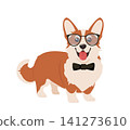 Cute corgi dog character, joyful puppy standing, showcasing a big smile and bright, attentive eyes. Corgi in glasses and with bow tie. Vector illustration 141273610