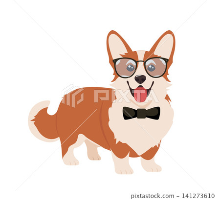 Cute corgi dog character, joyful puppy standing, showcasing a big smile and bright, attentive eyes. Corgi in glasses and with bow tie. Vector illustration Cute corgi dog character, joyful puppy standing, showcasing a big smile and bright, attentive eyes. Corgi in glasses and with bow tie. Vector illustration 141273610
