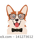 Cute corgi dog character portrait, joyful puppy, showcasing a big smile and bright, attentive eyes. Corgi in glasses and with bow tie. Vector illustration 141273612