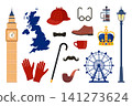 Travel to Great Britain Kingdom, London set. Landmarks, food and culture symbols collection. Vector illustration 141273624