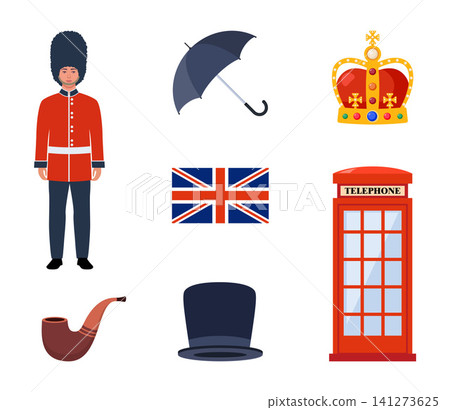 Travel to Great Britain Kingdom, London set. Landmarks, food and culture symbols collection. Vector illustration 141273625