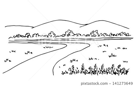 Simple vector freehand drawing in black outline. Mountain silhouette on the horizon, road, trees, hills, grass. flowers. Nature, rural landscape, walk in the park. For printing, tourism, travel. Simple vector freehand drawing in black outline. Mountain silhouette on the horizon, road, trees, hills, grass. flowers. Nature, rural landscape, walk in the park. For printing, tourism, travel. 141273649