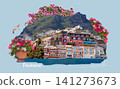 The collage of views of Positano at Italy along the stunning Amalfi Coast. 141273673