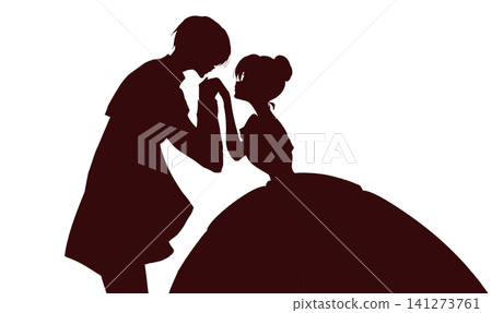 A prince kisses the back of the princess's hand; his cape is visible in silhouette. A prince kisses the back of the princess's hand; his cape is visible in silhouette. 141273761