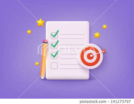 Checklist with target. Successful completion of business tasks. 3D Web Vector Illustrations. Checklist with target. Successful completion of business tasks. 3D Web Vector Illustrations. 141273797