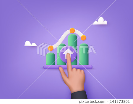 Businessman hand touching point graph growth or increase business chart. Trade arrow. Business infographics icons. Statistic and data, charts diagrams. 3D Web Vector Illustrations. Businessman hand touching point graph growth or increase business chart. Trade arrow. Business infographics icons. Statistic and data, charts diagrams. 3D Web Vector Illustrations. 141273801