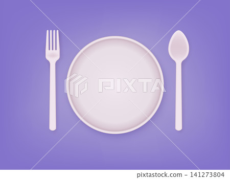 White dish plate with fork and knife icon. 3D Web Vector Illustrations. 141273804