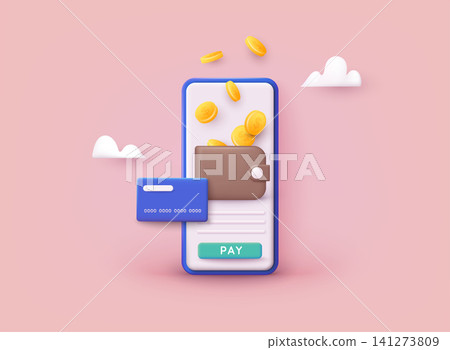 Sending and receiving money. Banking payment app. Wallet with coins and credit card. 3D Web Vector Illustrations. 141273809
