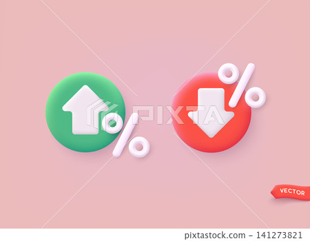 Price low down and up icon concept. Interest low price 3d percent discount vector icon. Percentage with arrow up and down. 3D Web Vector Illustrations. Price low down and up icon concept. Interest low price 3d percent discount vector icon. Percentage with arrow up and down. 3D Web Vector Illustrations. 141273821