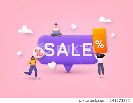 People Characters shop at an online store. Discount banner design. Online shopping concept. 3D Web Vector Illustrations. People Characters shop at an online store. Discount banner design. Online shopping concept. 3D Web Vector Illustrations. 141273823