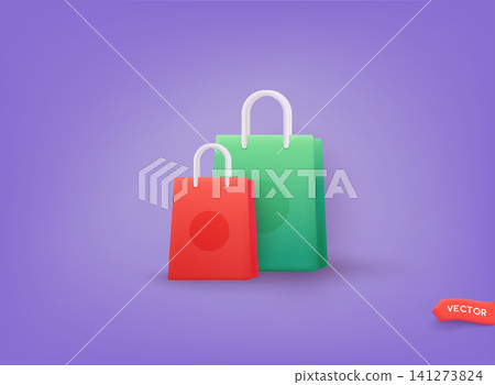 Set of Shopping bag realistic 3d design. Stylish fashionable bag isolated on white background. 3D Web Vector Illustrations. 141273824