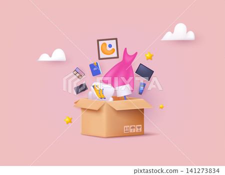 Delivery cargo box with shopping objects. Online shopping on application and website concept, digital marketing online. 3D Web Vector Illustrations. Delivery cargo box with shopping objects. Online shopping on application and website concept, digital marketing online. 3D Web Vector Illustrations. 141273834