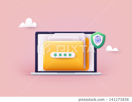 Files folder with paper documents icon. Secure confidential files folder with paper documents access and private lock. 3D Web Vector Illustrations. 141273836
