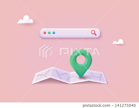 Location folded paper map, search bar and pin isolated. GPS and Navigation Symbol. Element for Map, Social Media, Mobile Apps. 3D Web Vector Illustrations. Location folded paper map, search bar and pin isolated. GPS and Navigation Symbol. Element for Map, Social Media, Mobile Apps. 3D Web Vector Illustrations. 141273840