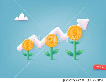 Financial or investment growth, increase earning profit and capital gain, success in wealth management concept. 3D Web Vector Illustrations. Financial or investment growth, increase earning profit and capital gain, success in wealth management concept. 3D Web Vector Illustrations. 141273851