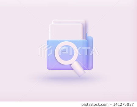 Folder with magnifying glass and files. 3D Web Vector Illustrations. Folder with magnifying glass and files. 3D Web Vector Illustrations. 141273857