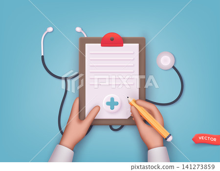 Medical form list. 3d first aid medicine with check list for health pharmaceutical. 3D Web Vector Illustrations. Medical form list. 3d first aid medicine with check list for health pharmaceutical. 3D Web Vector Illustrations. 141273859
