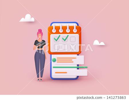 Woman planning work tasks, filling check list, making schedule using calendar. Business and organization concept. 3D Web Vector Illustrations. Woman planning work tasks, filling check list, making schedule using calendar. Business and organization concept. 3D Web Vector Illustrations. 141273863