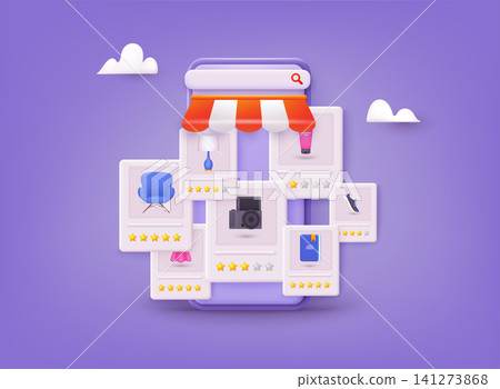 Online shopping on application and website concept. customer review concepts. Reviews stars with good and bad rate and text. 3D Web Vector Illustrations. Online shopping on application and website concept. customer review concepts. Reviews stars with good and bad rate and text. 3D Web Vector Illustrations. 141273868