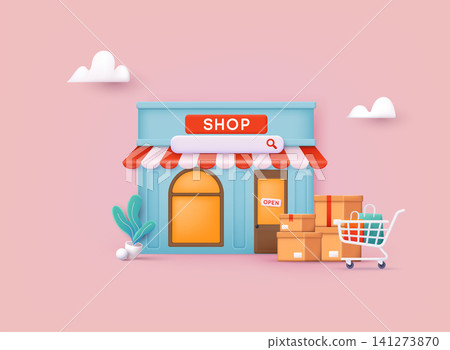 Shop vector illustration. Gift boxes, parcel boxes, shopping carts. 3D Web Vector Illustrations. Shop vector illustration. Gift boxes, parcel boxes, shopping carts. 3D Web Vector Illustrations. 141273870