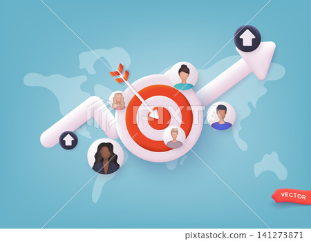Marketing time concept. Targeting the business. Customer attraction campaign, accurate promo, advertising business. 3D Web Vector Illustrations. Marketing time concept. Targeting the business. Customer attraction campaign, accurate promo, advertising business. 3D Web Vector Illustrations. 141273871