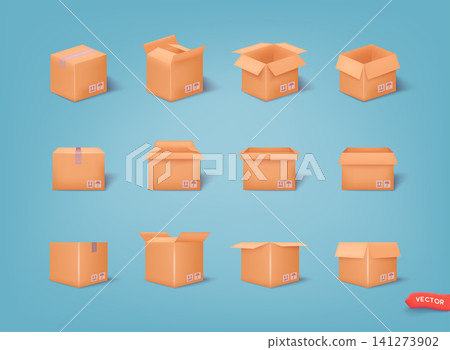 White 3d boxes set isolated on a blue background. Different shape cartoon boxes. Vector decoration element. 3D Web Vector Illustrations. 141273902