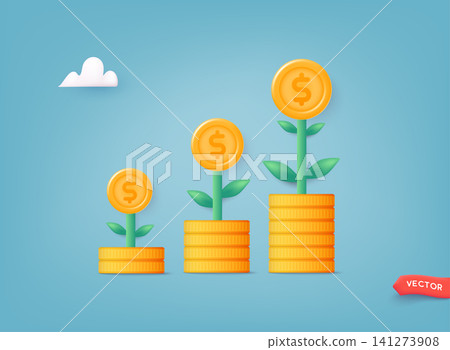 Financial or investment growth, increase earning profit and capital gain, success in wealth management concept. 3D Web Vector Illustrations. Financial or investment growth, increase earning profit and capital gain, success in wealth management concept. 3D Web Vector Illustrations. 141273908