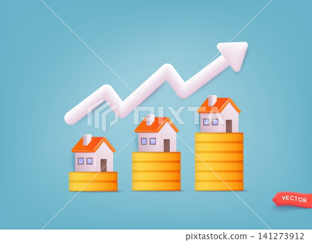 Housing price rising up, real estate or property growth concept. Real estate transaction and rising of property value. 3D Web Vector Illustrations. Housing price rising up, real estate or property growth concept. Real estate transaction and rising of property value. 3D Web Vector Illustrations. 141273912