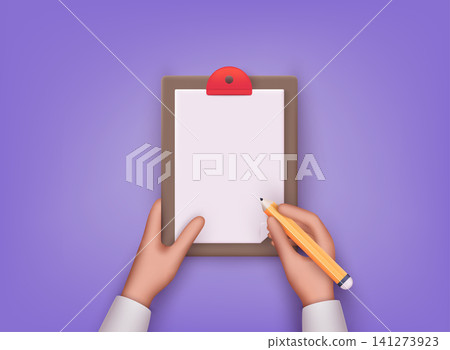 Clipboard with blank paper and pencil in the hands. llustration on hands holding clipboard with empty sheet of paper and pencil. 3D Web Vector Illustrations. Clipboard with blank paper and pencil in the hands. llustration on hands holding clipboard with empty sheet of paper and pencil. 3D Web Vector Illustrations. 141273923
