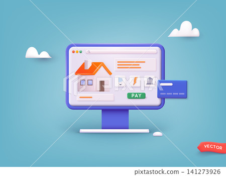 Invoice and electricity meter. Utility bills payment. Electricity consumption expenses. Technician repair, meter installation, energy saving. 3D Web Vector Illustrations. Invoice and electricity meter. Utility bills payment. Electricity consumption expenses. Technician repair, meter installation, energy saving. 3D Web Vector Illustrations. 141273926