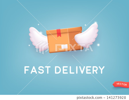 Fast delivery concept. Flying box transportation express delivery order service. Box with wings transportation logistic company background concept. 3D Web Vector Illustrations. Fast delivery concept. Flying box transportation express delivery order service. Box with wings transportation logistic company background concept. 3D Web Vector Illustrations. 141273928