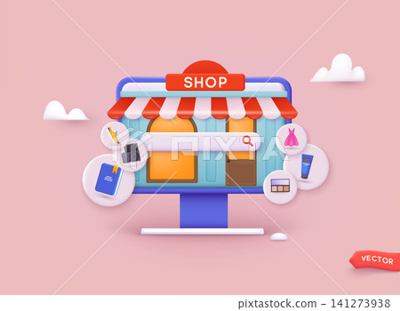Shopping online on website. Vector Concept marketing and digital marketing. 3D Vector Illustrations. Shopping online on website. Vector Concept marketing and digital marketing. 3D Vector Illustrations. 141273938