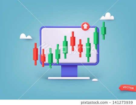 Online trading with computer. Technical analysis candlestick chart. Global stock exchanges index. Forex trading concept. Trading strategy. 3D Web Vector Illustrations. Online trading with computer. Technical analysis candlestick chart. Global stock exchanges index. Forex trading concept. Trading strategy. 3D Web Vector Illustrations. 141273939