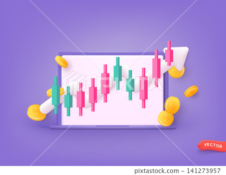 Online trading with computer. Technical analysis candlestick chart. Global stock exchanges index. Forex trading concept. Trading strategy. 3D Web Vector Illustrations. 141273957