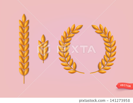 3d Wheat wreaths and grain spikes set icons. 3D Web Vector Illustrations. 3d Wheat wreaths and grain spikes set icons. 3D Web Vector Illustrations. 141273958