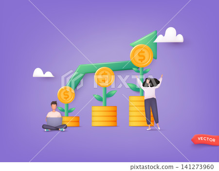 Money investing, financiers analyzing stock market profit. Portfolio income, capital gains income, royalties from investments concept. 3D Web Vector Illustrations. Money investing, financiers analyzing stock market profit. Portfolio income, capital gains income, royalties from investments concept. 3D Web Vector Illustrations. 141273960