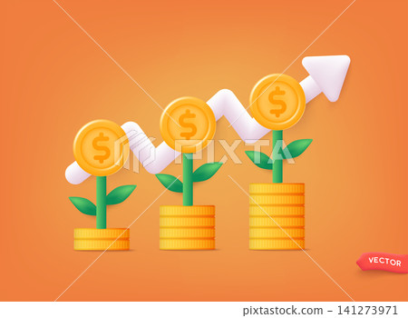 Financial investment. Creative concept of market movement. Bank deposit, profit finance. 3D Web Vector Illustrations. Financial investment. Creative concept of market movement. Bank deposit, profit finance. 3D Web Vector Illustrations. 141273971