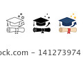 Graduation cap and diploma certificate icon set outline silhouette and color vector isolated on white background 141273974