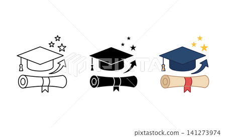 Graduation cap and diploma certificate icon set outline silhouette and color vector isolated on white background 141273974