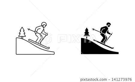 Skiing icon set silhouette and outline vector isolated on white background Skiing icon set silhouette and outline vector isolated on white background 141273976
