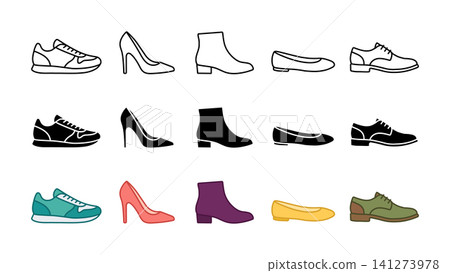 shoe footwear icon set sneaker high heel boot flat and oxford outline silhouette color vector isolated on white background shoe footwear icon set sneaker high heel boot flat and oxford outline silhouette color vector isolated on white background 141273978