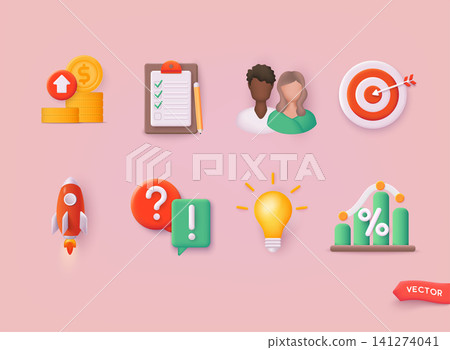 Teamwork partner icon set, person avatar, business management strategy, startup rocket. 3D Web Vector Illustrations. Teamwork partner icon set, person avatar, business management strategy, startup rocket. 3D Web Vector Illustrations. 141274041
